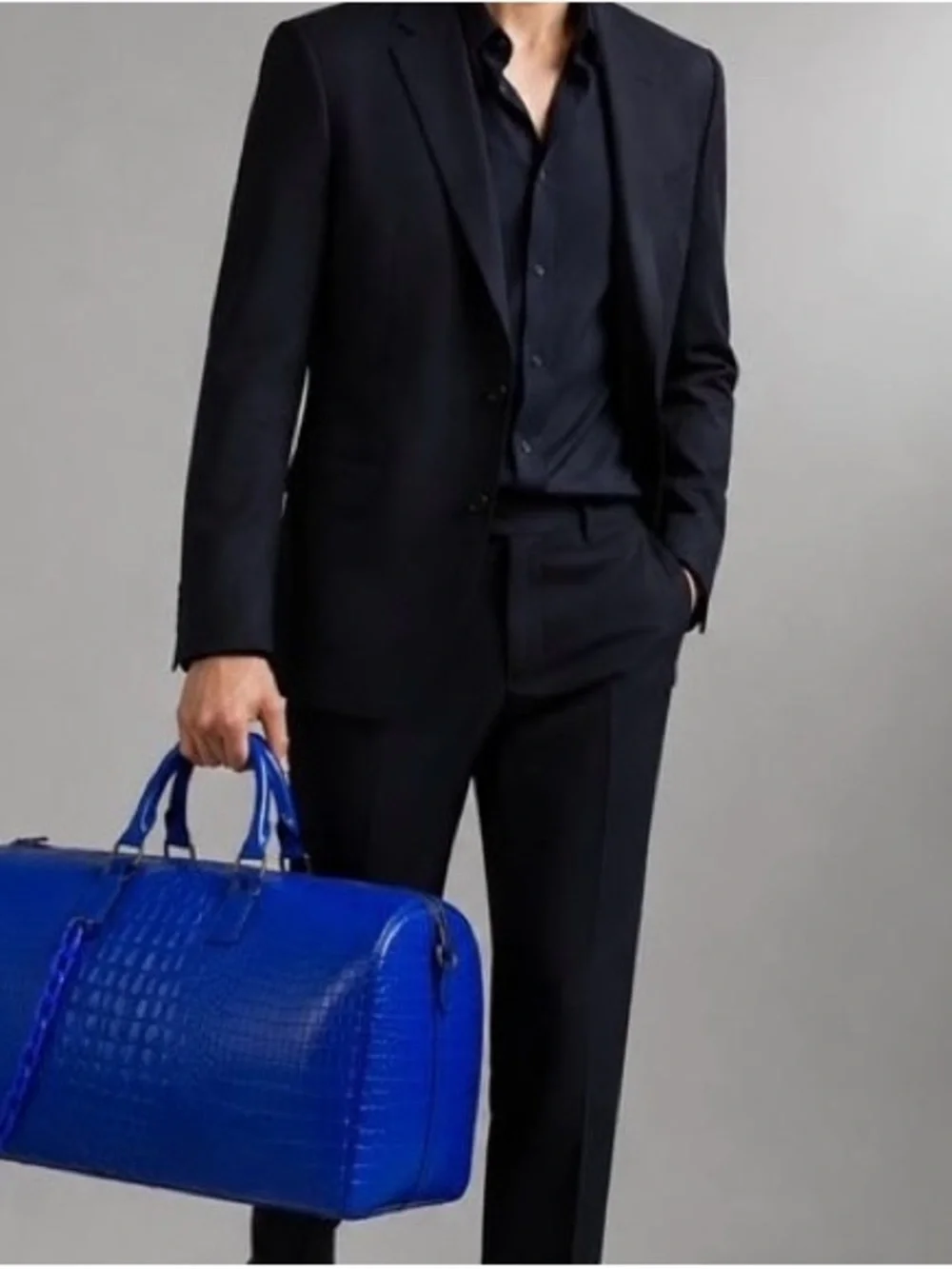 Blue Croc-Embossed Leather Weekender Duffel Bag